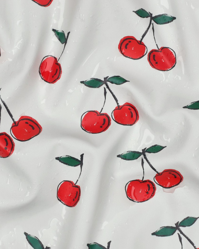 Tissu Imperméable Motif Cerise Fond Blanc - Mercerine