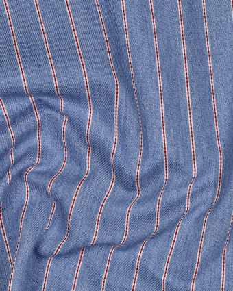 Tissu Denim Fines Rayures Rouges Bleu Clair - Mercerine