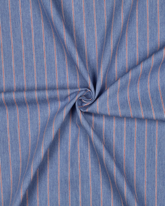 Tissu Denim Fines Rayures Rouges Bleu Clair - Mercerine