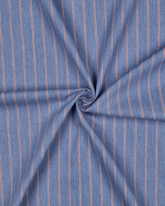 Tissu Denim Fines Rayures Rouges Bleu Clair - Mercerine