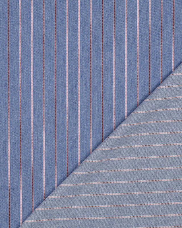 Tissu Denim Fines Rayures Rouges Bleu Clair - Mercerine