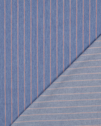 Tissu Denim Fines Rayures Rouges Bleu Clair - Mercerine