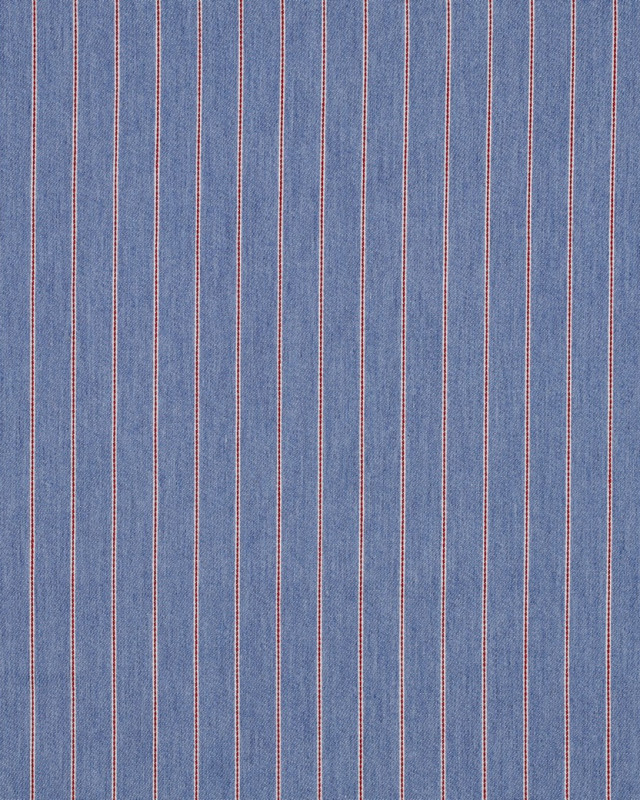 Tissu Denim Fines Rayures Rouges Bleu Clair - Mercerine