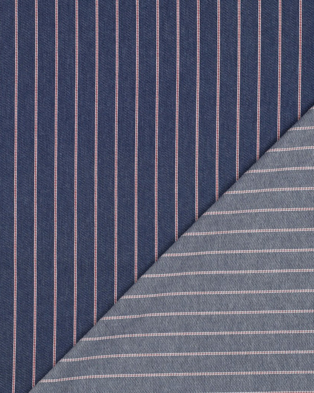 Tissu Denim Fines Rayures Rouges Bleu Brut - Mercerine