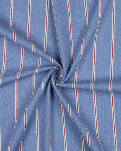 Tissu Denim Rayures Rouges Bleu Clair - Mercerine