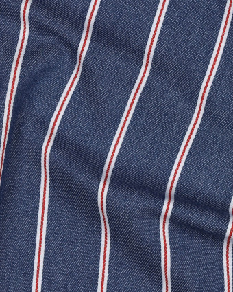 Tissu Denim Rayures Rouges Bleu Brut - Mercerine