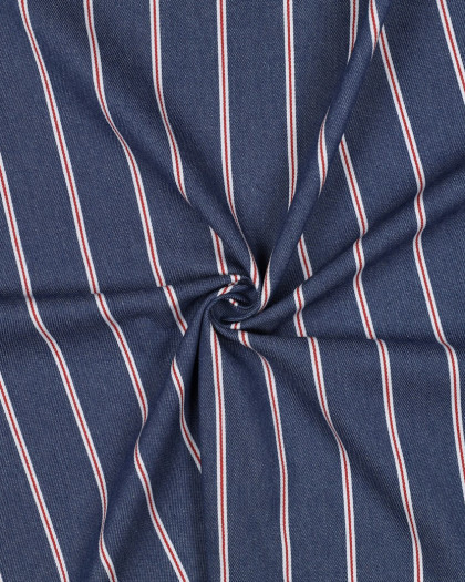Tissu Denim Rayures Rouges Bleu Brut - Mercerine