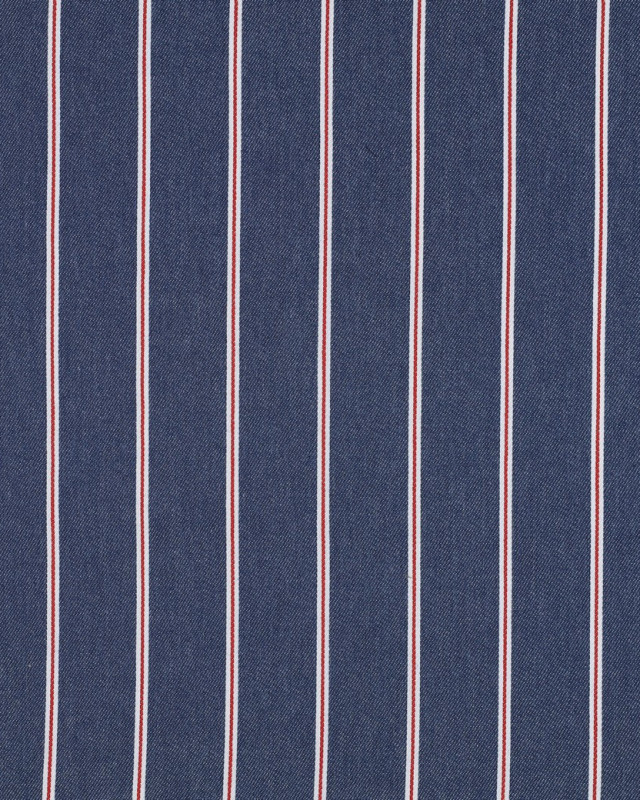 Tissu Denim Rayures Rouges Bleu Brut - Mercerine