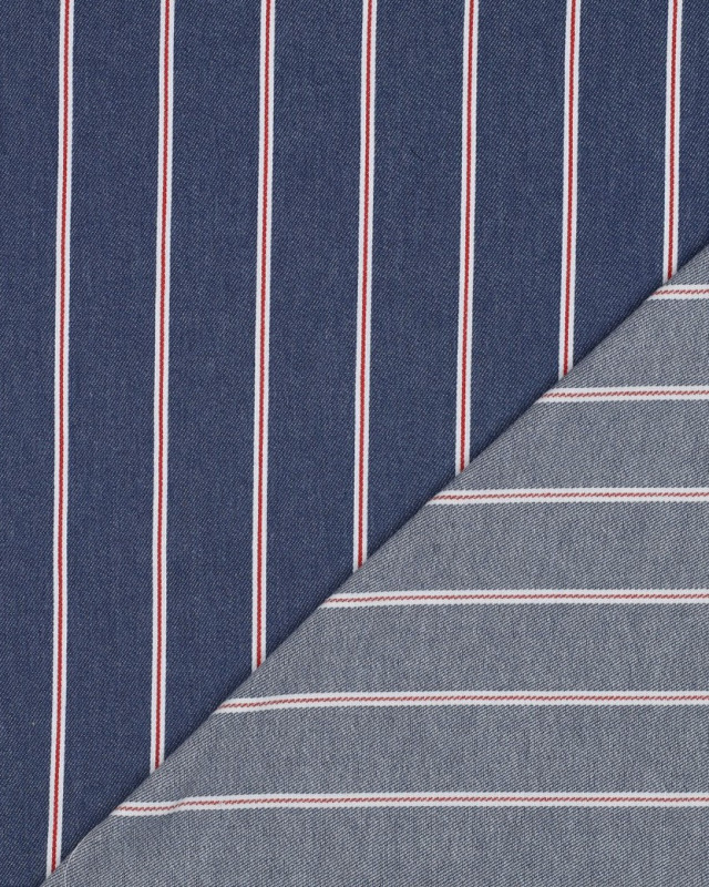 Tissu Denim Rayures Rouges Bleu Brut - Mercerine