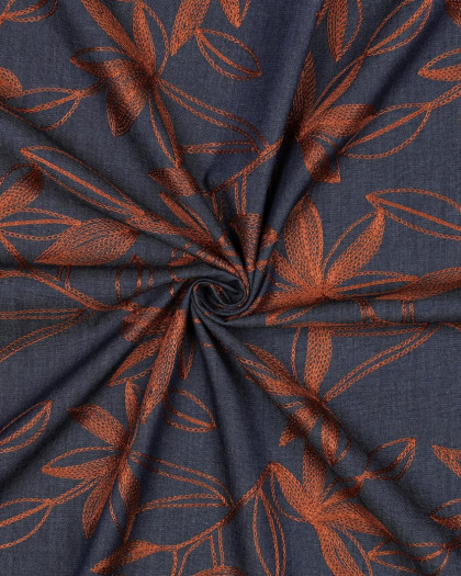 Tissu Denim Chambray Brodé Floral Caramel - Mercerine