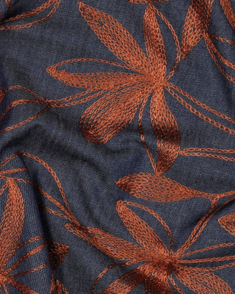 Tissu Denim Chambray Brodé Floral Caramel - Mercerine
