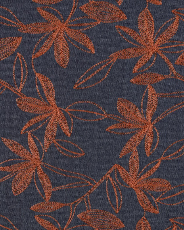 Tissu Denim Chambray Brodé Floral Caramel - Mercerine