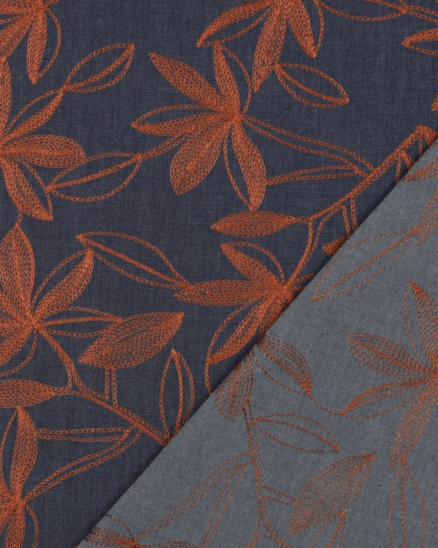 Tissu Denim Chambray Brodé Floral Caramel - Mercerine