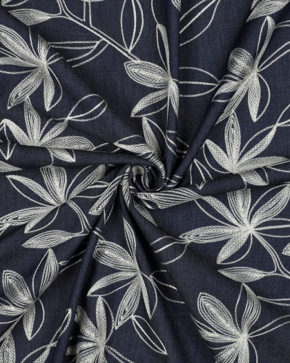 Tissu Denim Chambray Brodé Floral Ecru - Mercerine