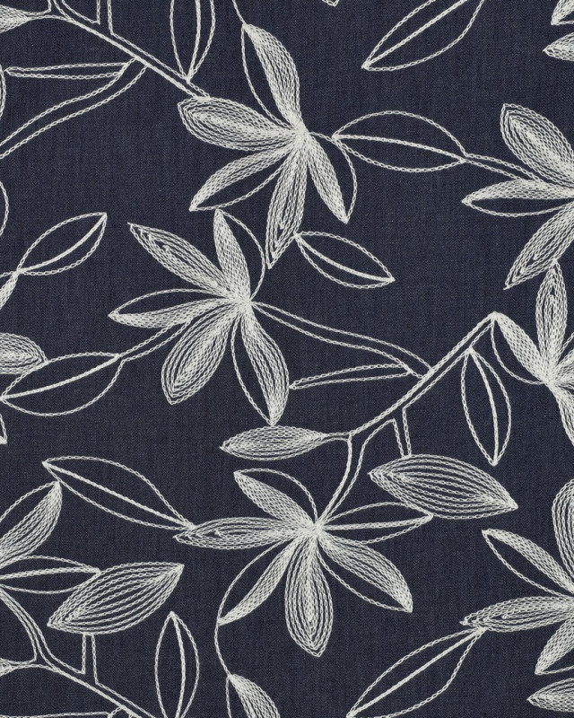 Tissu Denim Chambray Brodé Floral Ecru - Mercerine