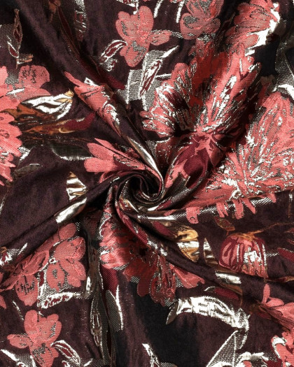 Tissu Jacquard Bordeaux Fleuri Rose et Doré - Mercerine