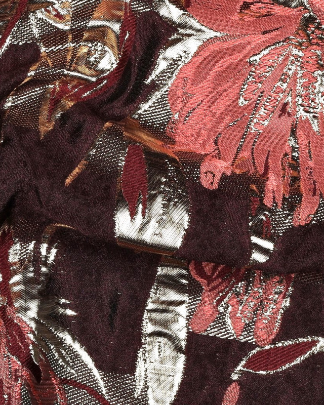 Tissu Jacquard Bordeaux Fleuri Rose et Doré - Mercerine