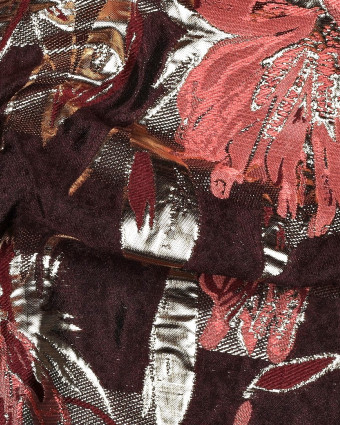 Tissu Jacquard Bordeaux Fleuri Rose et Doré - Mercerine