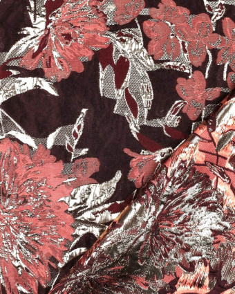 Tissu Jacquard Bordeaux Fleuri Rose et Doré - Mercerine