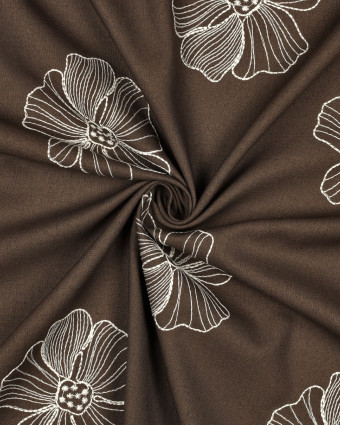 Tissu Lin Viscose Cacao Fleurs Brodées Ecrues - Mercerine
