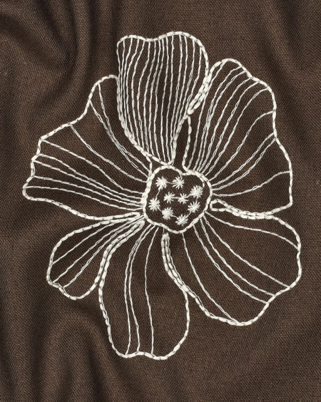 Tissu Lin Viscose Cacao Fleurs Brodées Ecrues - Mercerine