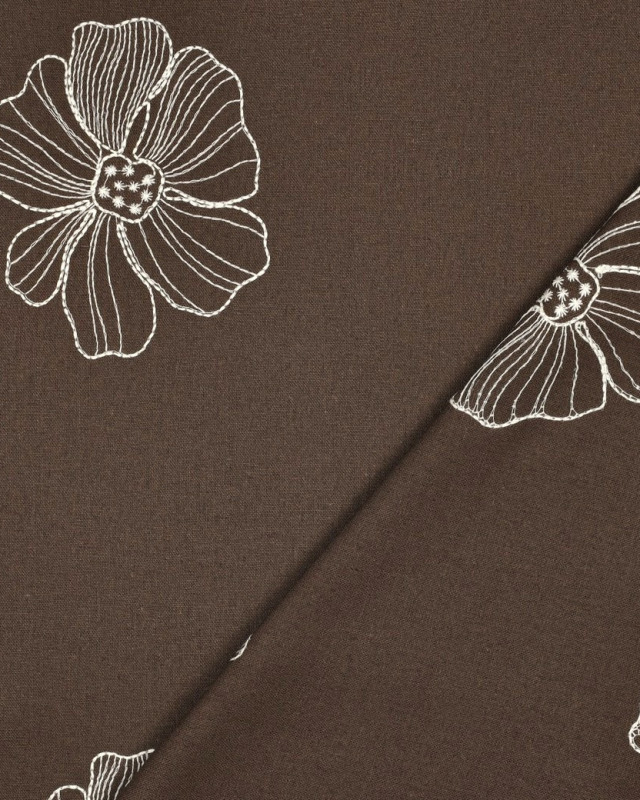 Tissu Lin Viscose Cacao Fleurs Brodées Ecrues - Mercerine