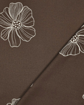 Tissu Lin Viscose Cacao Fleurs Brodées Ecrues - Mercerine