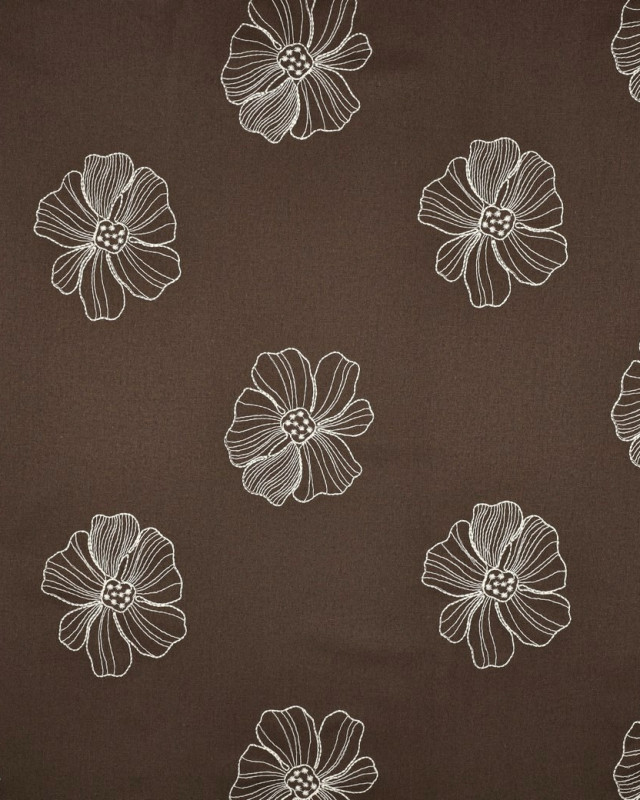 Tissu Lin Viscose Cacao Fleurs Brodées Ecrues - Mercerine