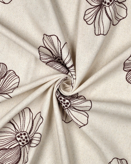 Tissu Lin Viscose Ecru Fleurs Brodées Bordeaux - Mercerine