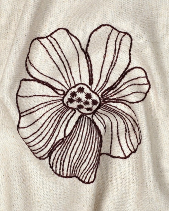 Tissu Lin Viscose Ecru Fleurs Brodées Bordeaux - Mercerine