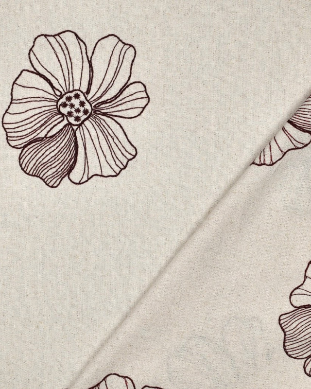 Tissu Lin Viscose Ecru Fleurs Brodées Bordeaux - Mercerine