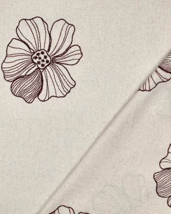 Tissu Lin Viscose Ecru Fleurs Brodées Bordeaux - Mercerine