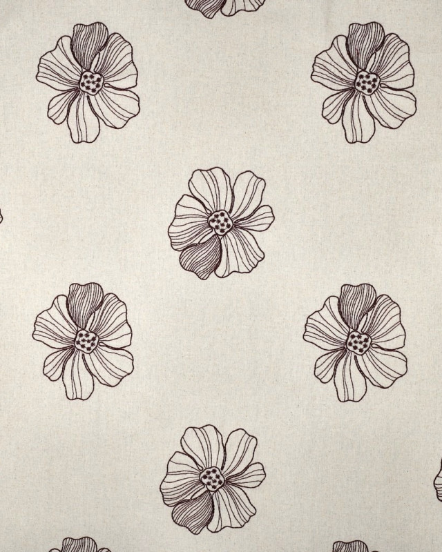 Tissu Lin Viscose Ecru Fleurs Brodées Bordeaux - Mercerine