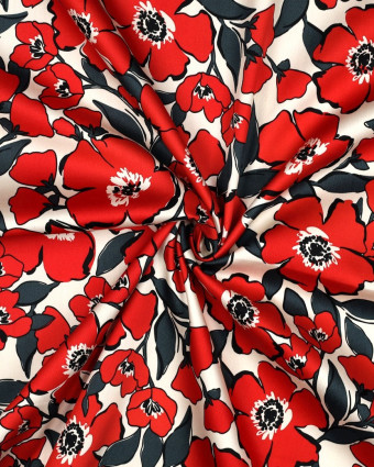 Satin de Coton Fleurs Rouges Fond Ecru - Mercerine