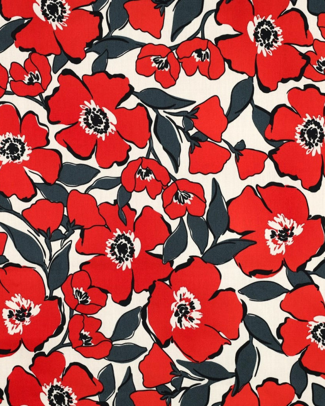 Satin de Coton Fleurs Rouges Fond Ecru - Mercerine
