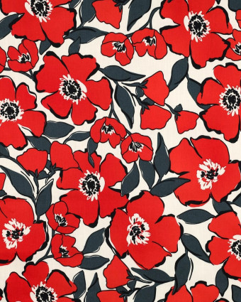 Satin de Coton Fleurs Rouges Fond Ecru - Mercerine