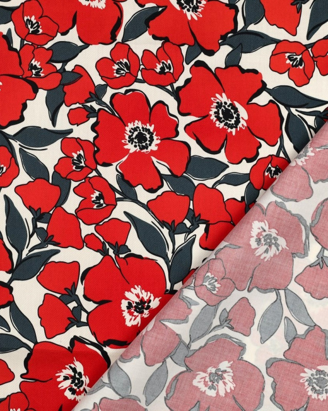 Satin de Coton Fleurs Rouges Fond Ecru - Mercerine