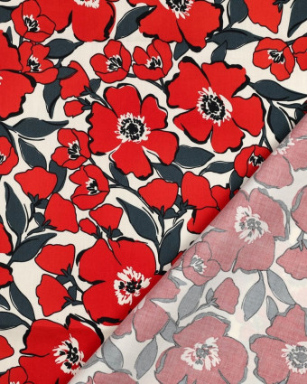 Satin de Coton Fleurs Rouges Fond Ecru - Mercerine