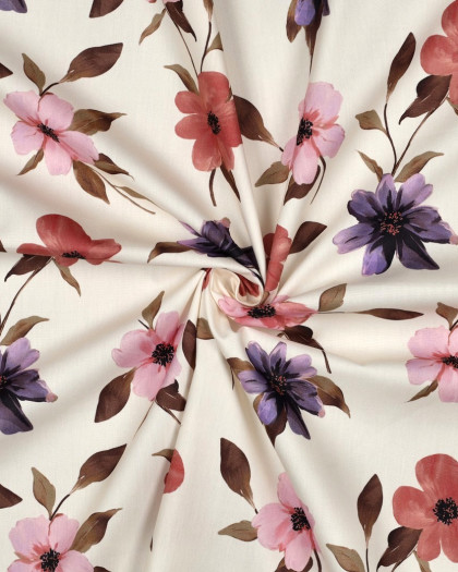 Tissu Coton Viscose Fleuri Fond Ecru - Mercerine