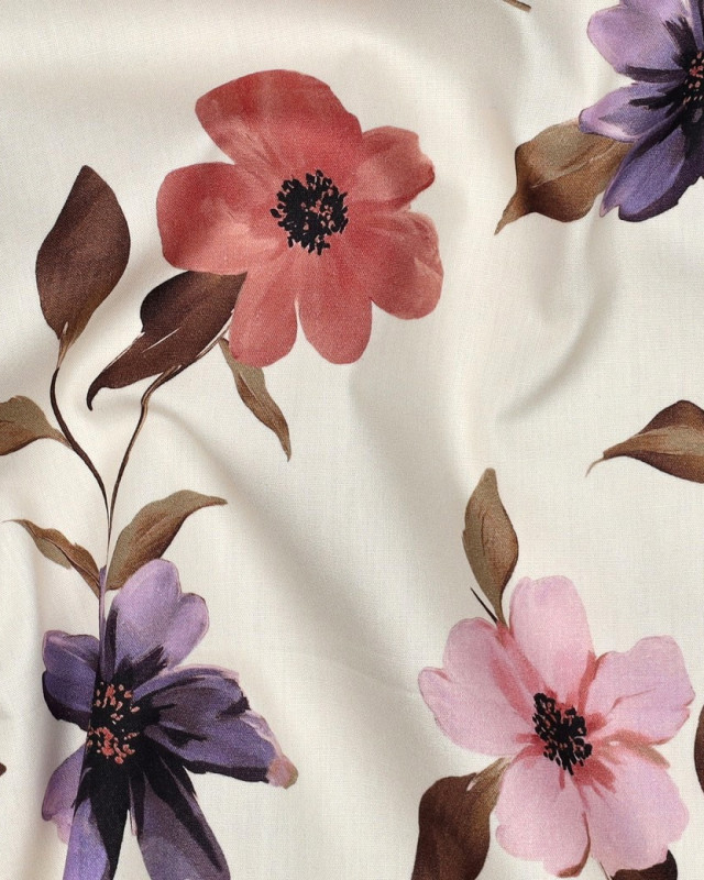 Tissu Coton Viscose Fleuri Fond Ecru - Mercerine