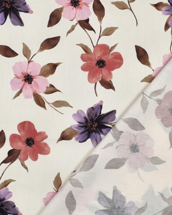 Tissu Coton Viscose Fleuri Fond Ecru - Mercerine