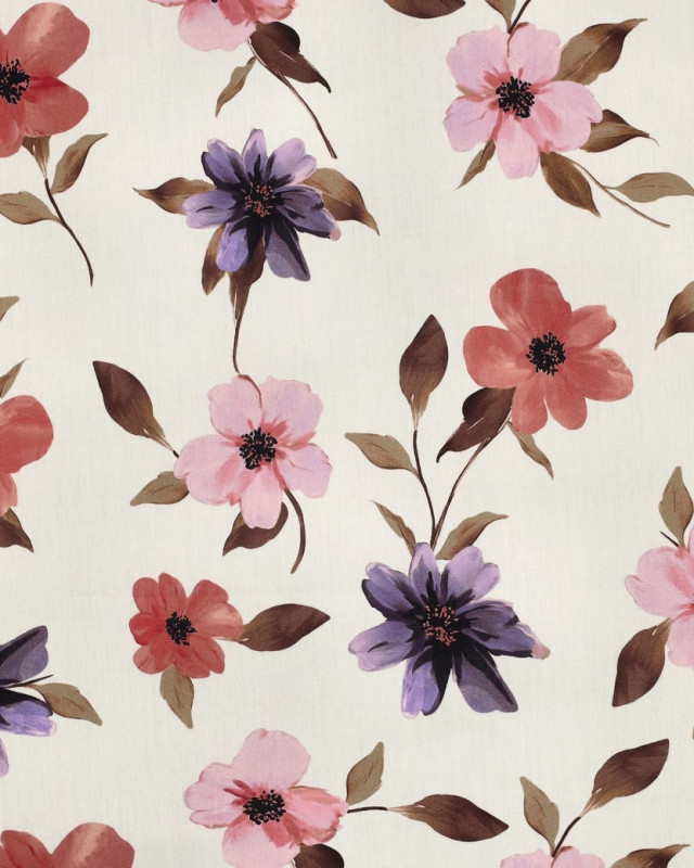 Tissu Coton Viscose Fleuri Fond Ecru - Mercerine