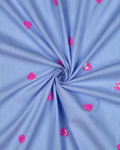 Coton à Rayures Bleues Cœurs Brodés Sequins Roses - Mercerine