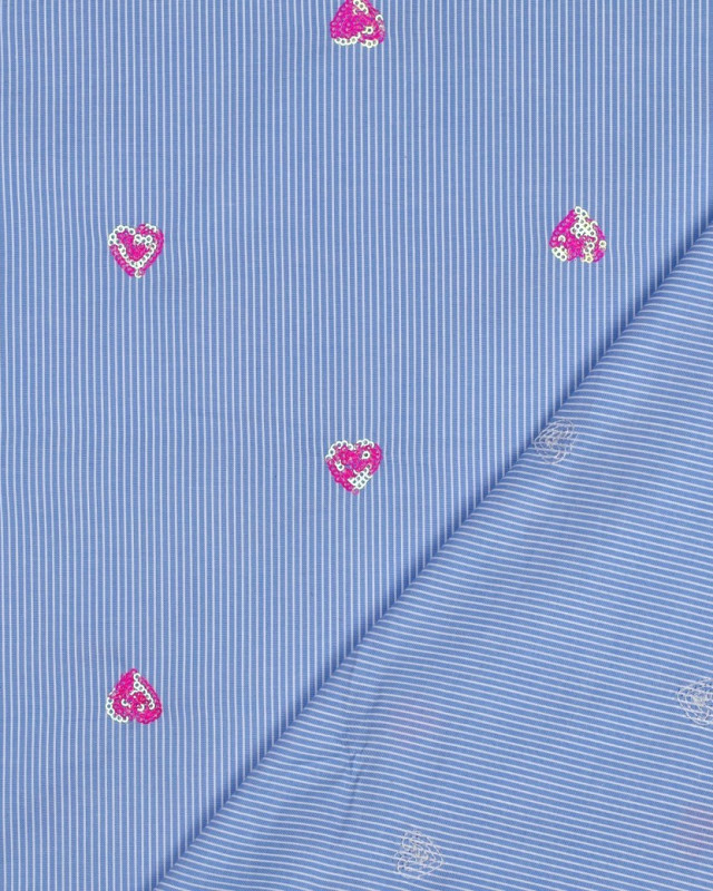 Coton à Rayures Bleues Cœurs Brodés Sequins Roses - Mercerine