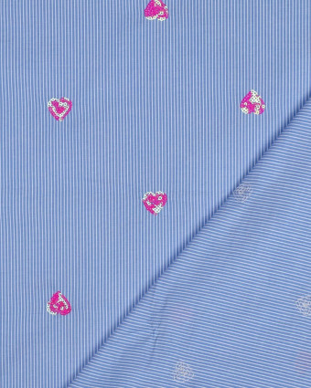 Coton à Rayures Bleues Cœurs Brodés Sequins Roses - Mercerine