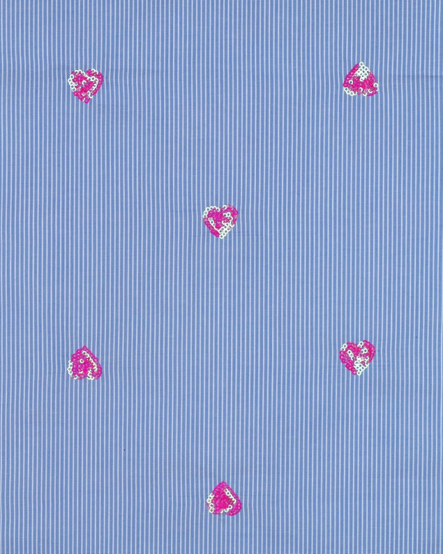 Coton à Rayures Bleues Cœurs Brodés Sequins Roses - Mercerine