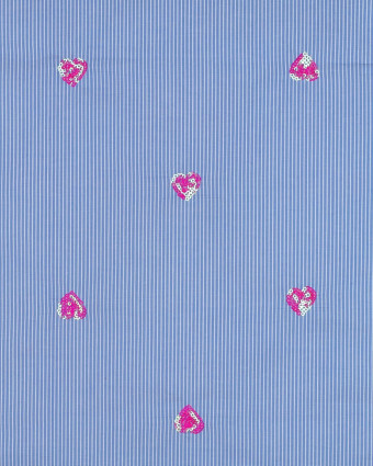 Coton à Rayures Bleues Cœurs Brodés Sequins Roses - Mercerine