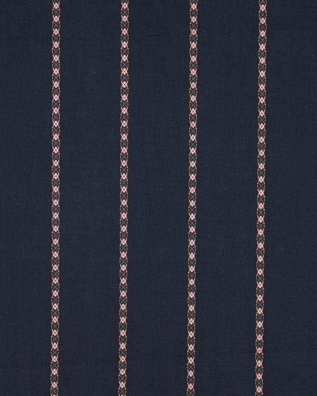 Tissu Coton Bleu Marine Rayures Fleurs Roses - Mercerine