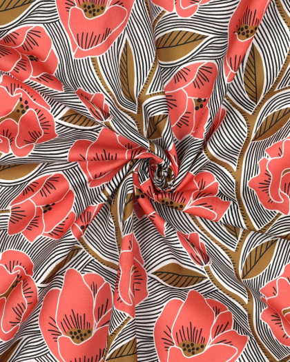Voile de Coton Fleuri Ethnique Corail - Mercerine