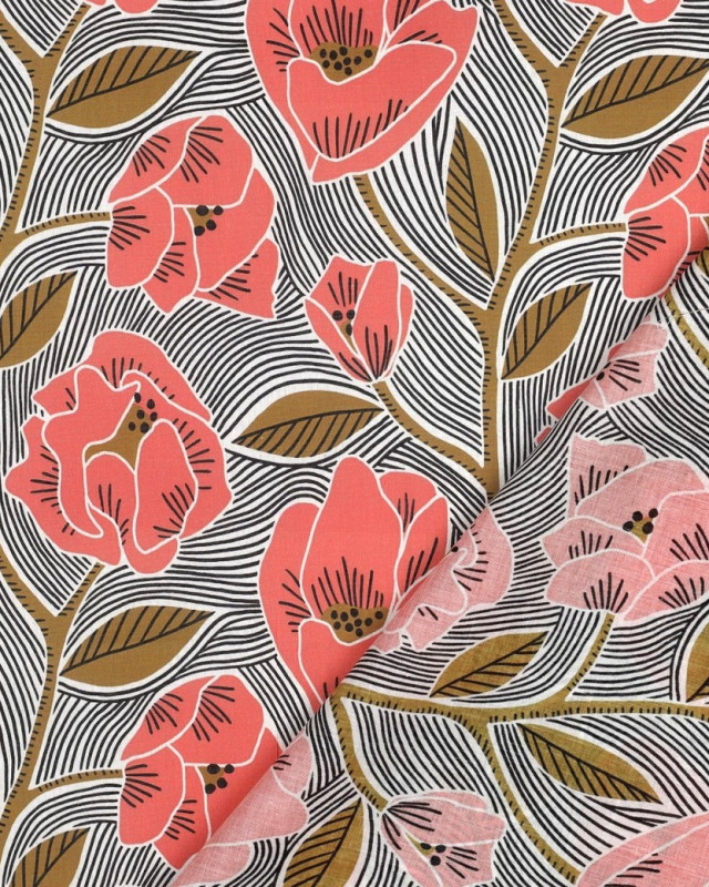 Voile de Coton Fleuri Ethnique Corail - Mercerine